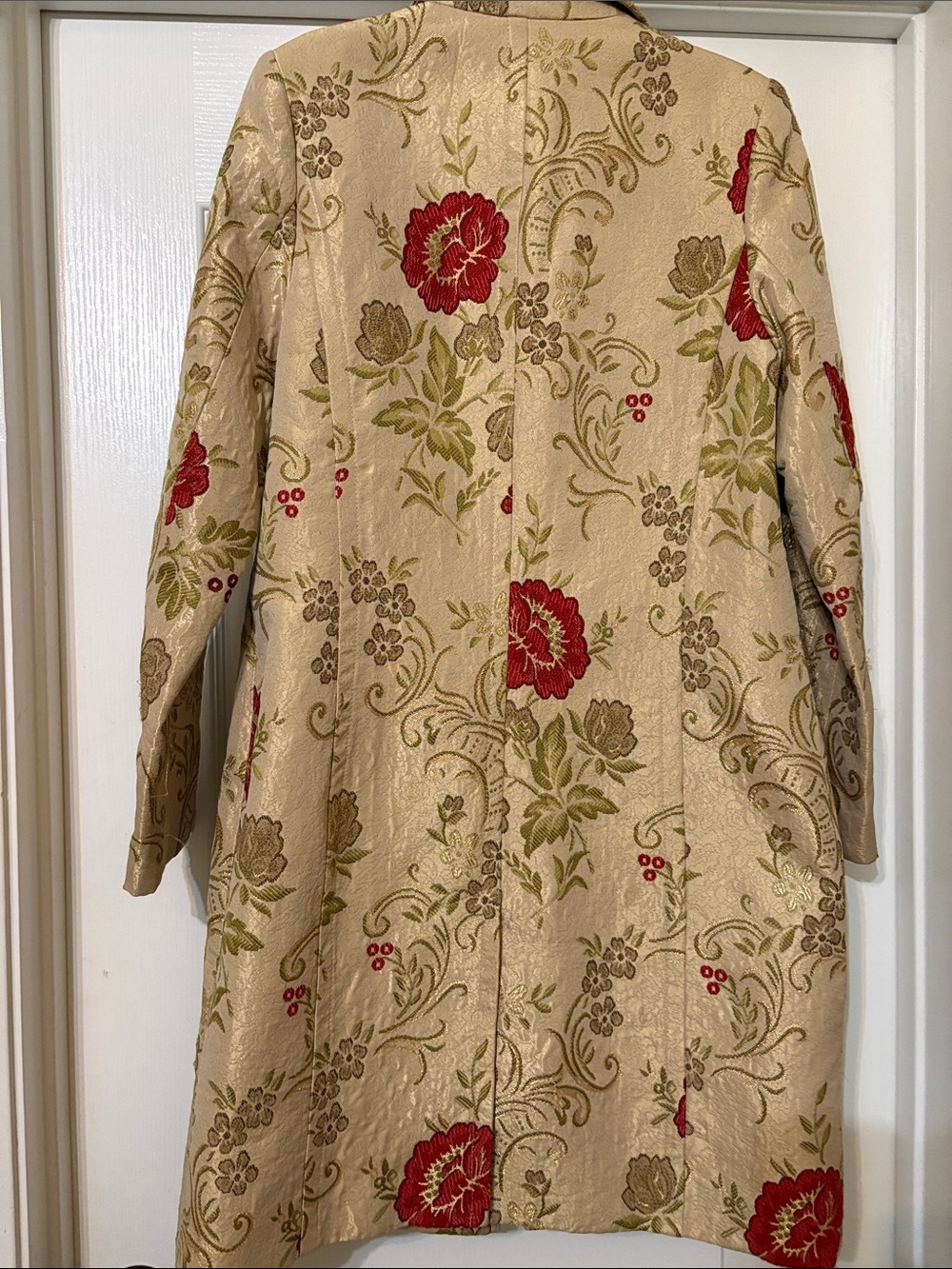Apostrophe Beige Brocade Trench Coat with Red Floral Accents - Picture 4 of 5